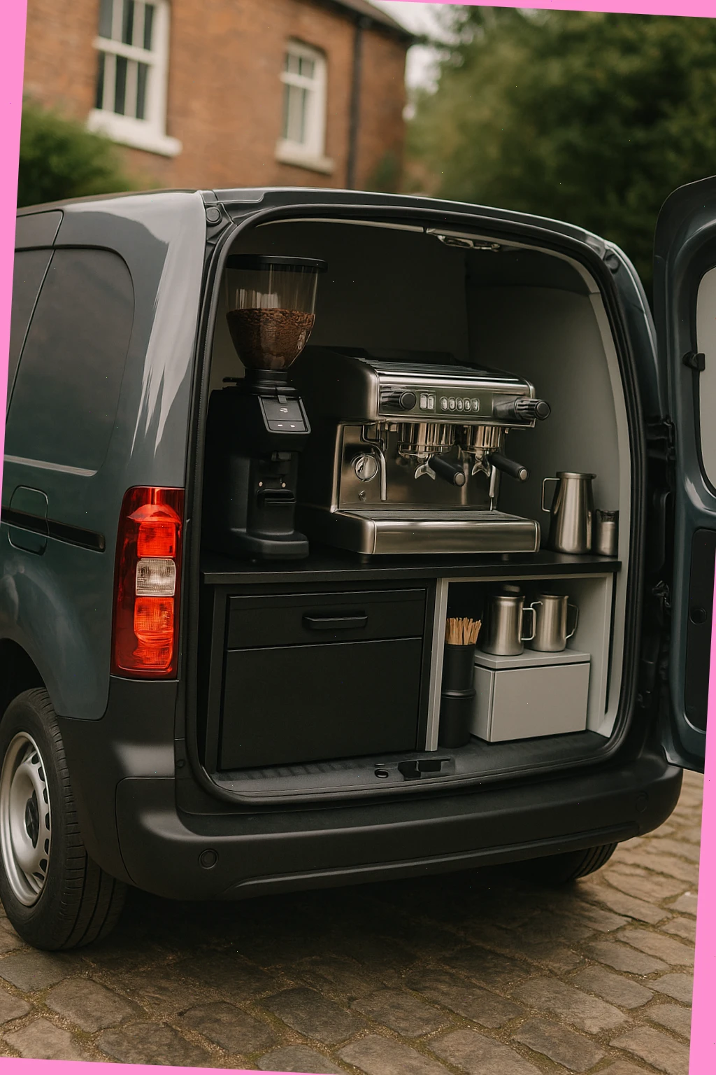 compact coffee van with espresso machine, grinder and tidy milk station ready for service